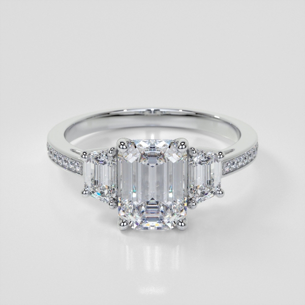 Lab Grown Diamond Emerald Cut Three-Stone Engagement Ring With Trapezoid Accents