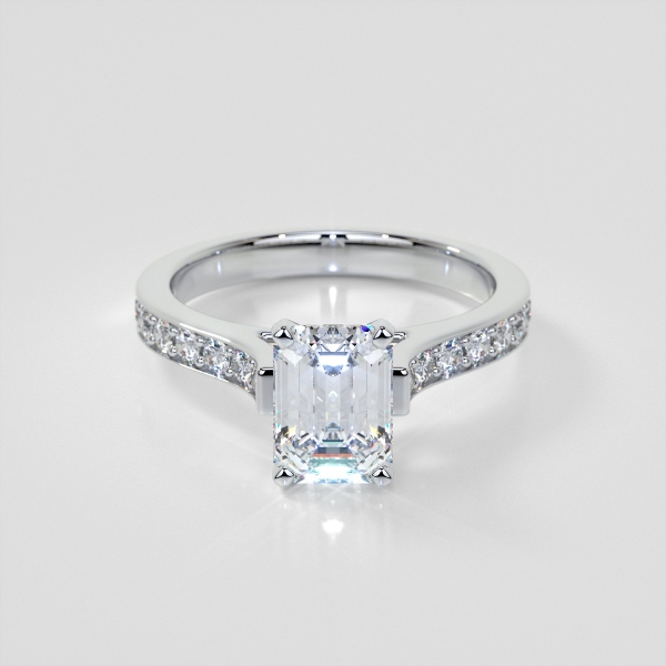 Lab Grown Diamond Emerald Cut Cathedral Style Channel Engagement Ring with Accents