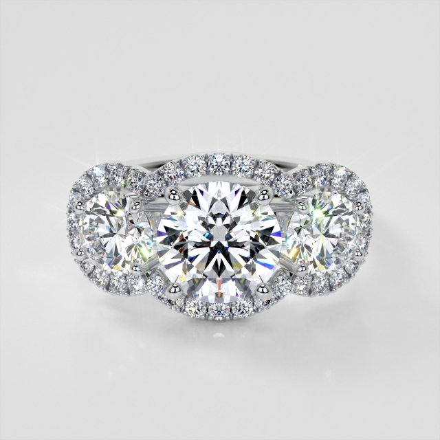 Lab Grown Diamond Round Cut Three-Stone Trellis Engagement Ring with Accents