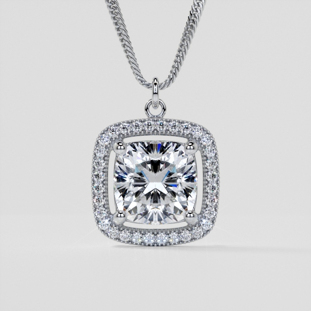 2.27CT Lab Grown Diamond Cushion Style Halo Pendant with Round Cut Center Stone
