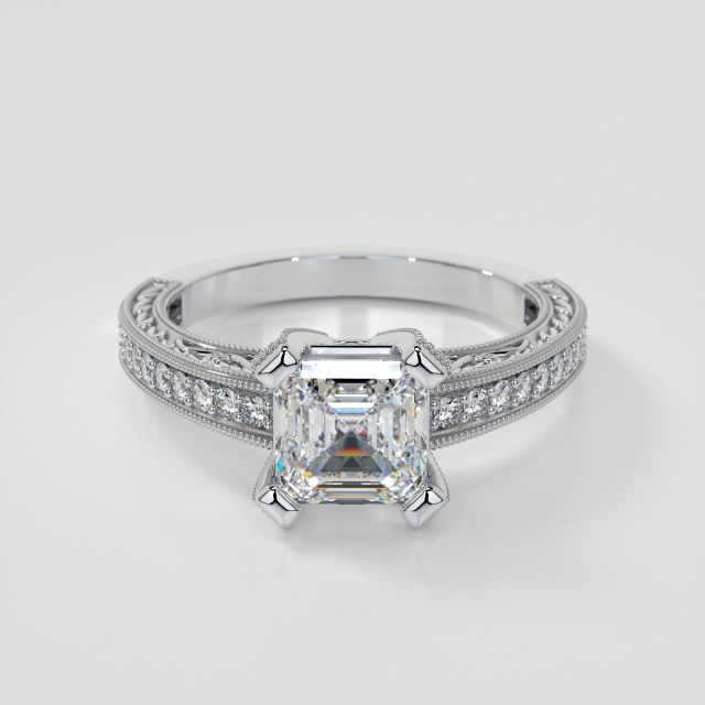 Filigree Style Asscher Cut Engagement Ring with Accents
