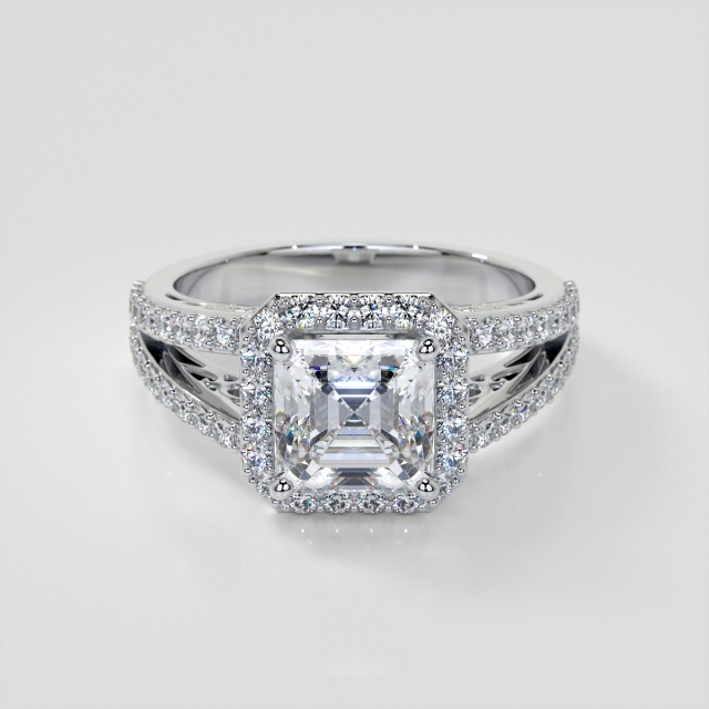 Lab Grown Diamond Asscher Cut Split Shank Engagement Ring with Filigree Setting