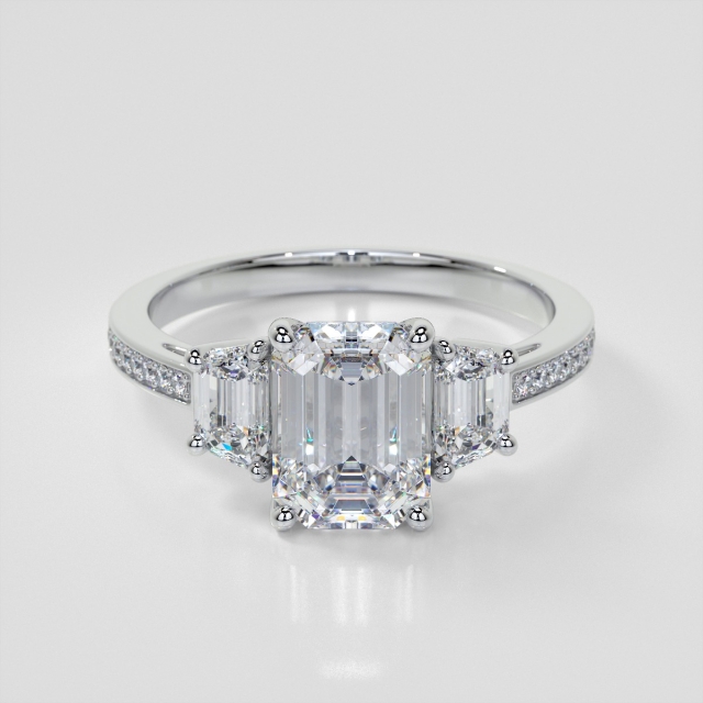 Lab Grown Diamond Emerald Cut Three-Stone Engagement Ring With Trapezoid Accents