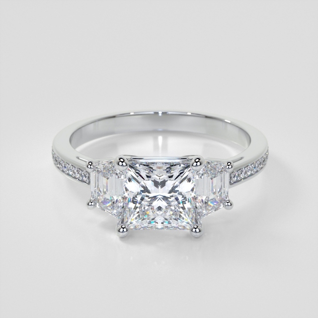 Lab Grown Diamond Princess Cut Three Stone Engagement Ring With Trapezoids