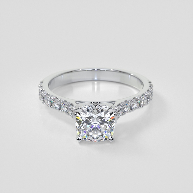 Lab Grown Diamond Cushion Cut Cathedral Scallop Style Engagement Ring With Accents