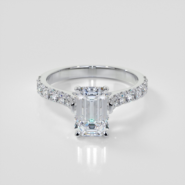Lab Grown Diamond Emerald Cut Cathedral Scallop Style Engagement Ring With Accents