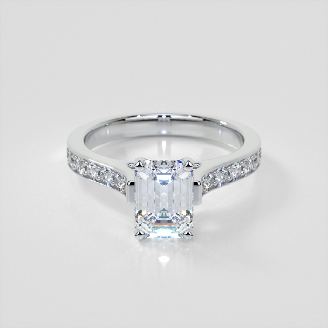 Lab Grown Diamond Emerald Cut Cathedral Style Channel Engagement Ring with Accents